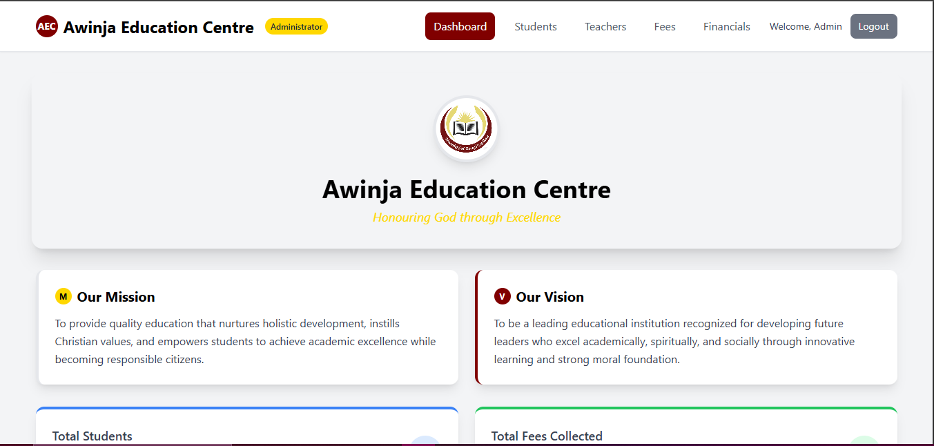Awinja Education Centre Management System Dashboard